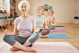 Yoga, exercise and senior woman in lotus for meditation, mindfulness and zen workout for health and wellness in retirement. Group of old people together yoga spiritual, chakra and balance training