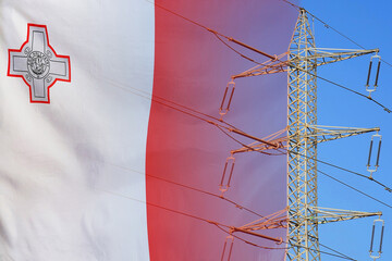 flag of malta on electric pole background. increasing energy consumption, energy crisis in republic 
