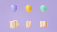 Three purple orange green balloon flying parcels box floating with office shipping. Online delivery service shipment express trunking on purple pastel background. Minimal cartoon. 3d render
