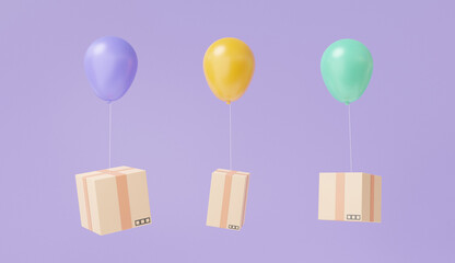 Poster - Three purple orange green balloon flying parcels box floating with office shipping. Online delivery service shipment express trunking on purple pastel background. Minimal cartoon. 3d render