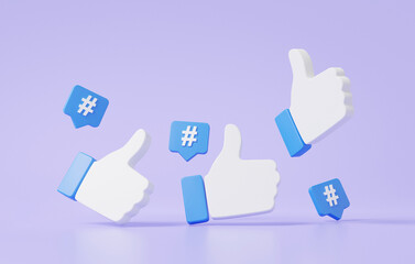 Wall Mural - Trendy thumb up symbol icon Hand like favor score entertainment social media online concept. with emoji like, communicate digitally Minimal cartoon cute smooth. 3d rendering. element Illustration