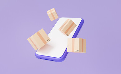 Poster - Online delivery parcels box floating on mobile phone with office shipping. service shipment express trunking on purple pastel background. 3d rendering illustration. Minimal cartoon style