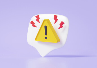 Aufkleber - Bubble talk yellow triangle warning with flash thunderbolt symbol icon on pastel purple background. website error alert safety concept. isolated. power lightning electrical shock. 3d rendering
