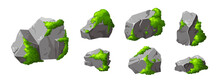 Set Forest Rock With Moss. Gray Stone Brocken In Cartoon. Mountain Part Of Natural Design Shape. Vector Illustration