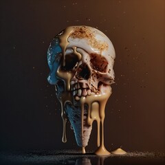 Wall Mural - melting human skull with colorful ice cream on the top, dark background, generative ai