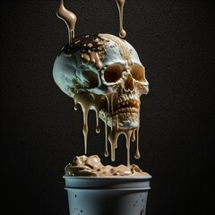 Wall Mural - melting human skull with colorful ice cream on the top, dark background, generative ai