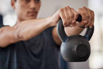 Canvas Print - Man, kettlebell and weightlifting hands in closeup at gym for training, exercise or health with focus. Bodybuilder, strong and workout for healthy body, wellness or muscle development for fitness