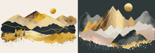 Minimalistic Mountain Landscape With Watercolor Gold Brush And Texture In Traditional Oriental, Japanese Style. Vector Illustration