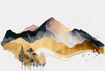 Canvas Print - Watercolor mountain background. Landscape with mountains in a minimalist style. Wallpaper design, prints and invitations, postcards. Majestic mountains. Vector illustration