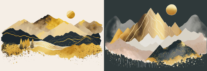 Minimalistic mountain landscape with watercolor gold brush and texture in traditional oriental, Japanese style. Vector illustration