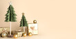 © Pixel-Shot - Decorative Christmas trees, balls and gifts on beige background with space for text