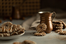 Chocolate Cookies With Cup Of Coffee On Table. Selective Focus.
