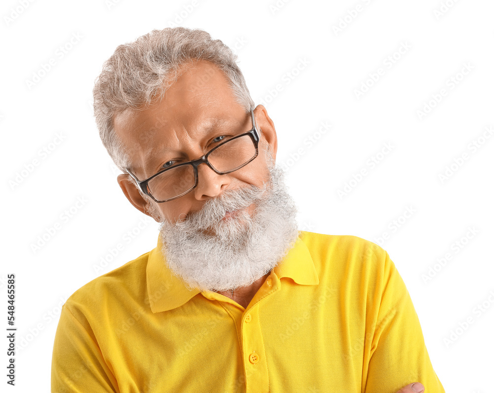 Senior bearded man in eyeglasses on white background