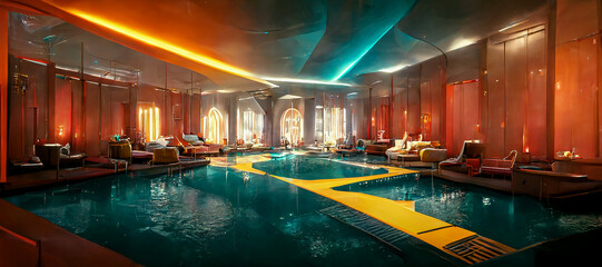 Cyberpunk luxurious hotel wellness area with futuristic indoor pool area and eastern inspired furniture in optimistic futuristic neon colors.. Synthwave styled interior in pink orange purple tones
