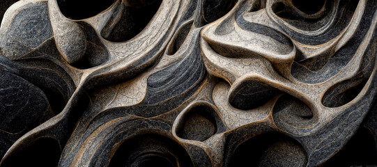Seamless texture of an organic, black with grey, blue, golden dots, curves and abstract lines, manhattan voronoi seamless pattern, tile background.
