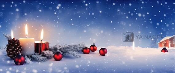 A candle is lit on a snowy night with christmas decorations. AI generated art illustration.	