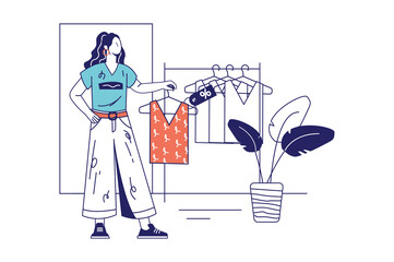 Fototapete - people shopping concept in flat line design for web banner. woman choosing, trying and buying stylis