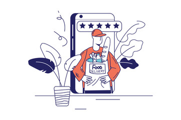 Poster - Food delivery concept in flat line design for web banner. Courier delivers bag with products from grocery store, online order in app, modern people scene. Illustration in outline graphic style