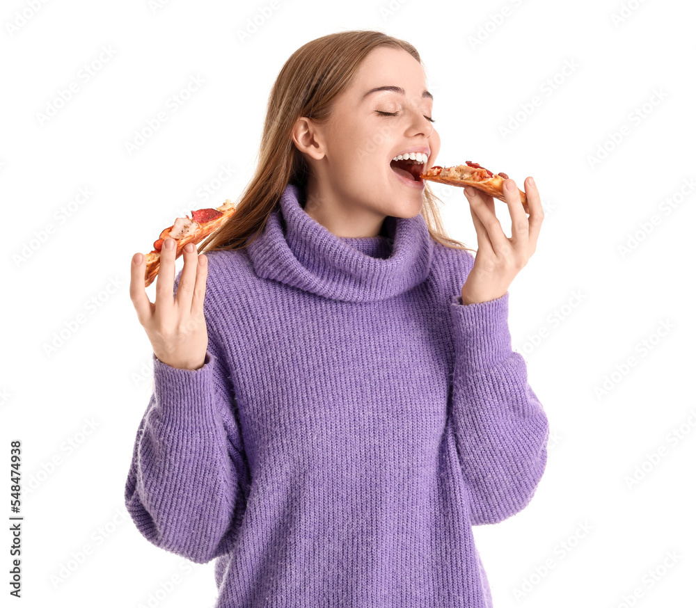 Beautiful young woman eating fresh pizza on white background