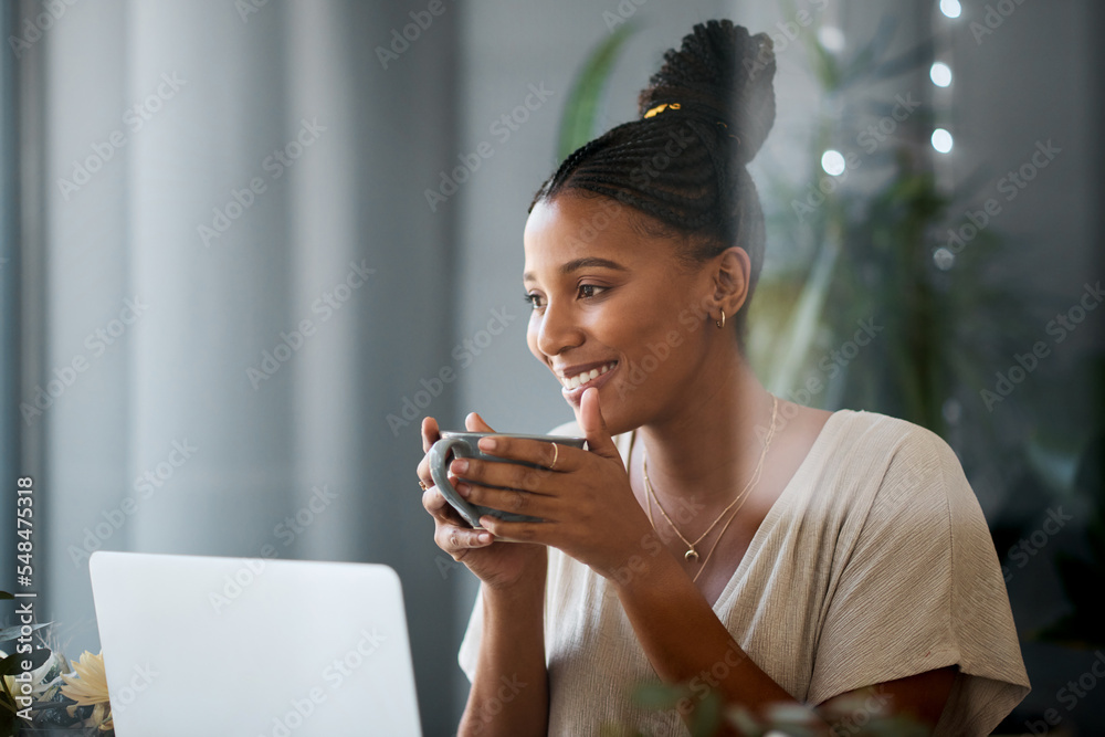 Coffee, laptop and black women relax in a living room, drinking coffee ...