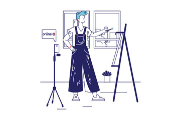 Poster - Video streaming concept in flat line design for web banner. Woman blogger painting art picture in online broadcast with followers, modern people scene. Illustration in outline graphic style