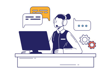 Aufkleber - Call center concept in flat line design for web banner. Woman operator in headset answers calls and messages customers, tech support modern people scene. Illustration in outline graphic style