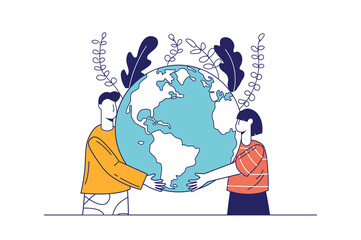 Poster - Earth day concept in flat line design for web banner. Woman and man hugging planet globe. Environmental protection, eco friendly, modern people scene. Illustration in outline graphic style