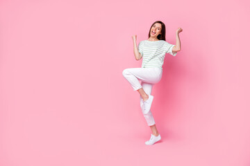 Sticker - Full length photo of cheerful pretty girl stylish clothes yell scream yeah black friday sale empty space isolated on pink color background