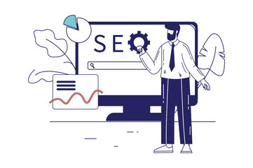 Aufkleber - seo concept in flat line design for web banner. man settings search engine at browser, optimization 