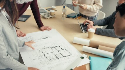 Aufkleber - Meeting, architecture and collaboration with architect and blueprint plan, working together and planning with team and engineering graphic. Startup, industry and paperwork on table with teamwork.