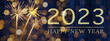 Leinwandbild Motiv HAPPY NEW YEAR 2023 celebration holiday firework background greeting card banner  - Golden fireworks on blue wooden wall texture