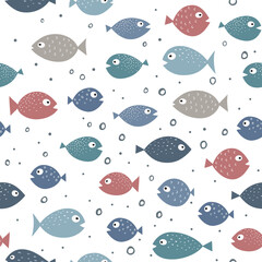 Wall Mural - Seamless pattern with cute colorful fish. Simple flat vector illustration.