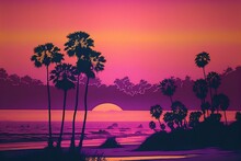 Beach And Sunset In Synthwave Style. California Beach.