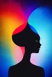 3D Illustration cyber concept of profile of animated beautiful women on which are neon lights from the color spectrum. Dark background.