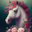 © Uncanny Valley - 3D Illustration of pink hair white horse from a fairy tale that is every girl's dream. Roses and Spring pastel color flowers with dark light, minimal portrait.