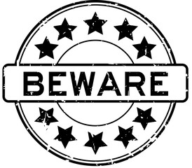 Canvas Print - Grunge black beware word with star icon round rubber seal stamp on white background