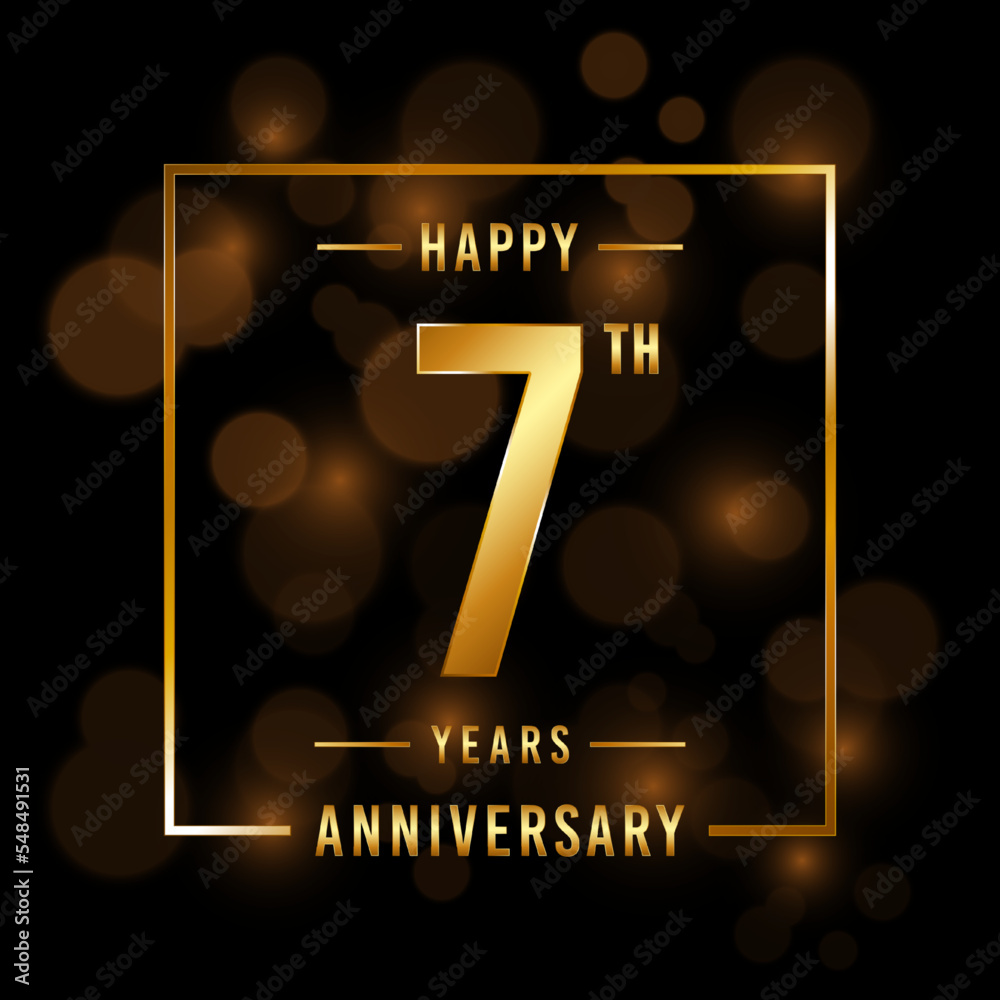 7th Anniversary. Anniversary template design with golden font for ...