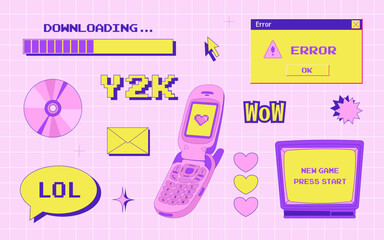 y2k trendy set of objects, old computer interface, retro pc elements, 1990s 2000s style, flip phone,