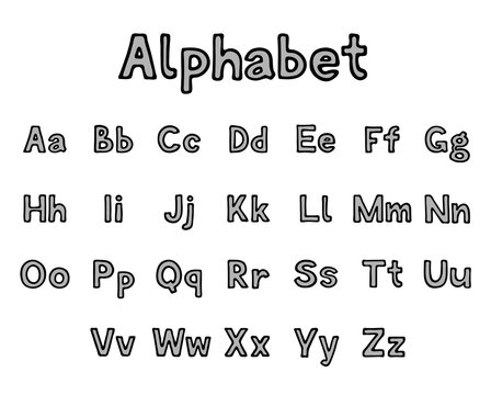 Alphabet of English letters. Black and white doodles isolated on white background. Hand drawn outline style. Lettering sketch. Cartoon characters. Ink illustration