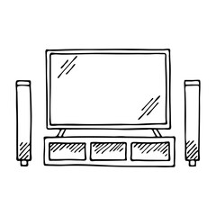 Home tv with speakers. Electronic technology. Leisure, recreation and entertainment. Cartoon vector art illustration. Hand drawn outline sketch black and white