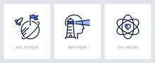 Our Mission, Our Vision And Our Values.  Business Concept. Web Page Template. Metaphors With Blue Icons