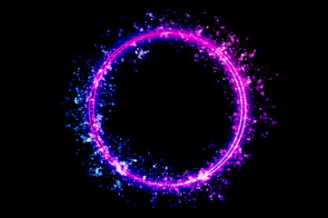 Wall Mural - The circular frame is a neon light surrounded by sparkling stars.