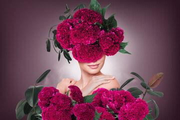 Wall Mural - Poster creative collage of weird lady with pink flowers beauty cosmetics product concept