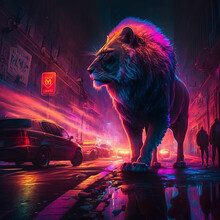 Glowing Lion In Neon City