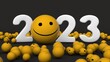 3d rendering of the date 2023. Instead of zero, a yellow ball with a smile and a lot of yellow balls with a grimace of discontent.  The idea of a joyful new year.