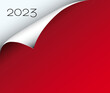 Rotes Papierblatt mit Eselsohr für 2023,
Vektor Illustration isoliert auf weißem Hintergrund
