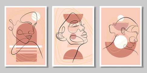 Wall Mural - A set of three paintings. An abstract figure. Minimalistic vector posters: portrait of a woman, circles, squares, branches, abstraction. For postcards, posters, posters, brochures, cover design.