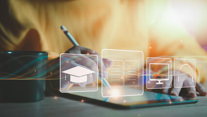 Poster - Concept of Online education. man use Online education training and e-learning webinar on internet for personal development and professional qualifications. Digital courses to develop new skills.