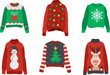 Ugly Christmas sweaters vector set. Christmas jumper day clothes