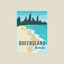 Queensland Beach Poster Minimalist Vector Illustration Template Graphic Design. Australia Island Landmark Banner For Travel Or Advertising